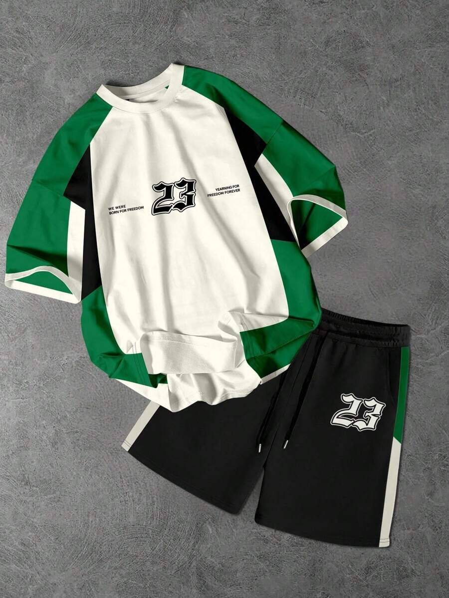 Manfinity Campus Court Men's Casual Contrast Color Patchwork Crew Neck Short Sleeve T-Shirt And Drawstring Shorts Set Men Two Pieces Set Men 2 Pieces Set Men 2 Pieces Shorts Set - Multicolor - View 1