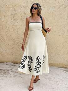 SHEIN Frenchy 女式夏季休闲海滩度假植物印花撞色滚边吊带连衣裙 - 彩色 - 查看 7