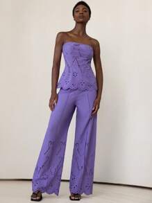 Aveloria Modichic 2 件套女士套装：高端 2025 年度假风格复古奢华刺绣紧身胸衣上衣和裤子 - 紫色 - 查看 5