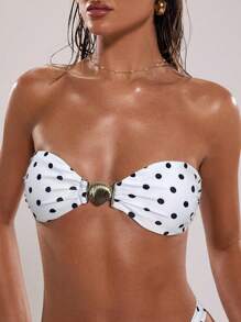 SHEIN BAE Women's Sexy Gold Shell Decor Halter Mini Bikini Top, Elegant Vintage Swimwear For Party, Holiday, Tube Top - White - View 4