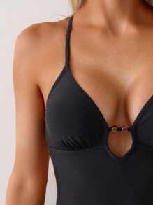 Swim Basics Traje de baño de una pieza con cortes y cuentas para mujer, diseño sexy - Negro - Ver 5