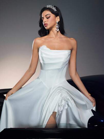 Glamrae Elegante y lujoso vestido camisón con cuello decorativo de pliegues en satén blanco, escote con abertura sexy, adecuado para ceremonias de boda, vestido de novia