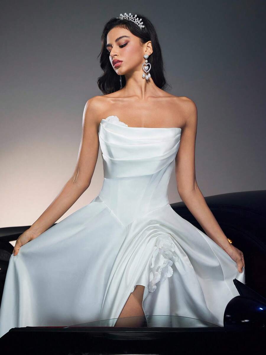 Glamrae Elegant White Spring Silky Formal Wedding Bridal Dress,Luxurious Deluxe Satin Handmade Pleats,3D Flower Decoration Sailboat Tie Slits Skirt