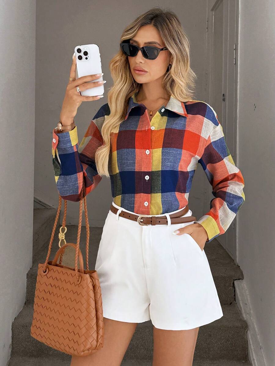 Easowa 1pc Plaid Print Drop Shoulder Shirt,Long Sleeve Tops - Multicolor - View 1