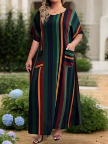 EMERY ROSE Plus Size Women Casual Striped Round Neck Pocket 3/4 Sleeve Dress, Suitable For Vacation - Multicolor - View 5