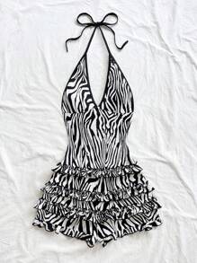 Soleia 女式复古多色斑马纹拼布黑色 V 领露背豹纹荷叶边装饰连体衣，波西米亚风，波西米亚风，浪漫花卉，度假风，花卉