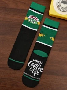 FRIENDS X SHEIN 3 pares de calcetines informales tipo media hasta el tobillo, suaves y transpirables, con diseños de dibujos animados, de color gris y negro de moda, con dedos y talones reforzados para mayor durabilidad, unisex para hombres y mujeres, aptos para todas las estaciones y a juego con cualquier atuendo