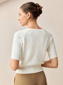 BizChic Women's Solid Color Round Neck Short Sleeve Single-Breasted Knit Top, Urban Commute Business Casual Basic Blouse, Elegant Outerwear In Fall/Winter - White - View 4