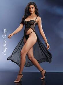 对比色蕾丝网布带钢圈娃娃装性感内衣连衣裙配丁字裤 - 黑色 - 查看 4