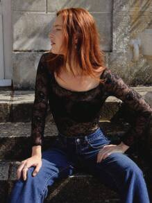 lacRébo Off-Shoulder Floral Lace Bodysuit With Long Sleeves Night Club Outfits Spring Summer - Black - View 8