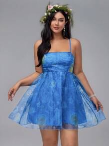 SHEIN 波西米亚风情装扮：梵高星空印花欧根纱泡泡袖短开衫 + 细肩带蓬松迷你连衣裙，公主派对礼服，夏季女装 - 彩色 - 查看 7