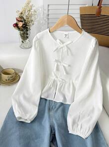 SHEIN Tween Girls Casual School Textured White Front Bowknot Long Sleeve Blouse Fall Winter