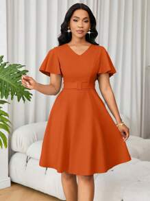 Lunelith SHEIN Lunessa 女式纯色优雅荷叶边袖A字连衣裙，夏季 - 亮橙色 - 查看 6