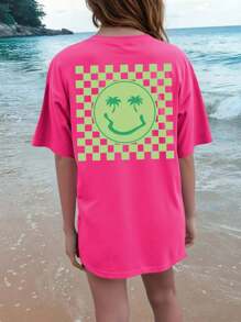 Flirla Plus Size Casual Vacation Checkerboard & Face Printed T-Shirt - Hot Pink - View 4