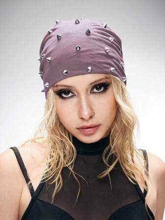 Grunge Punk 1pc Punk Style Studded Thin Beanie, Y2K High-Quality Vintage Light Purple Solid Color Slouch Hat, Fashionable For Daily & All Seasons Wear