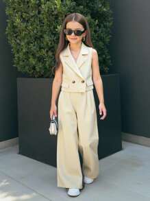 SHEIN Tween Girls Casual Khaki Vest Top And Leggings Set, Versatile For Commuting - Khaki - View 1