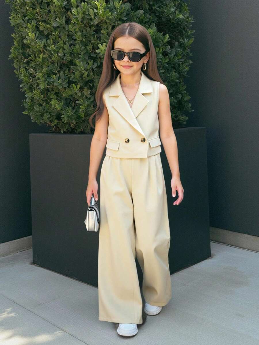 SHEIN Tween Girls Casual Khaki Vest Top And Leggings Set, Versatile For Commuting - Khaki - View 1