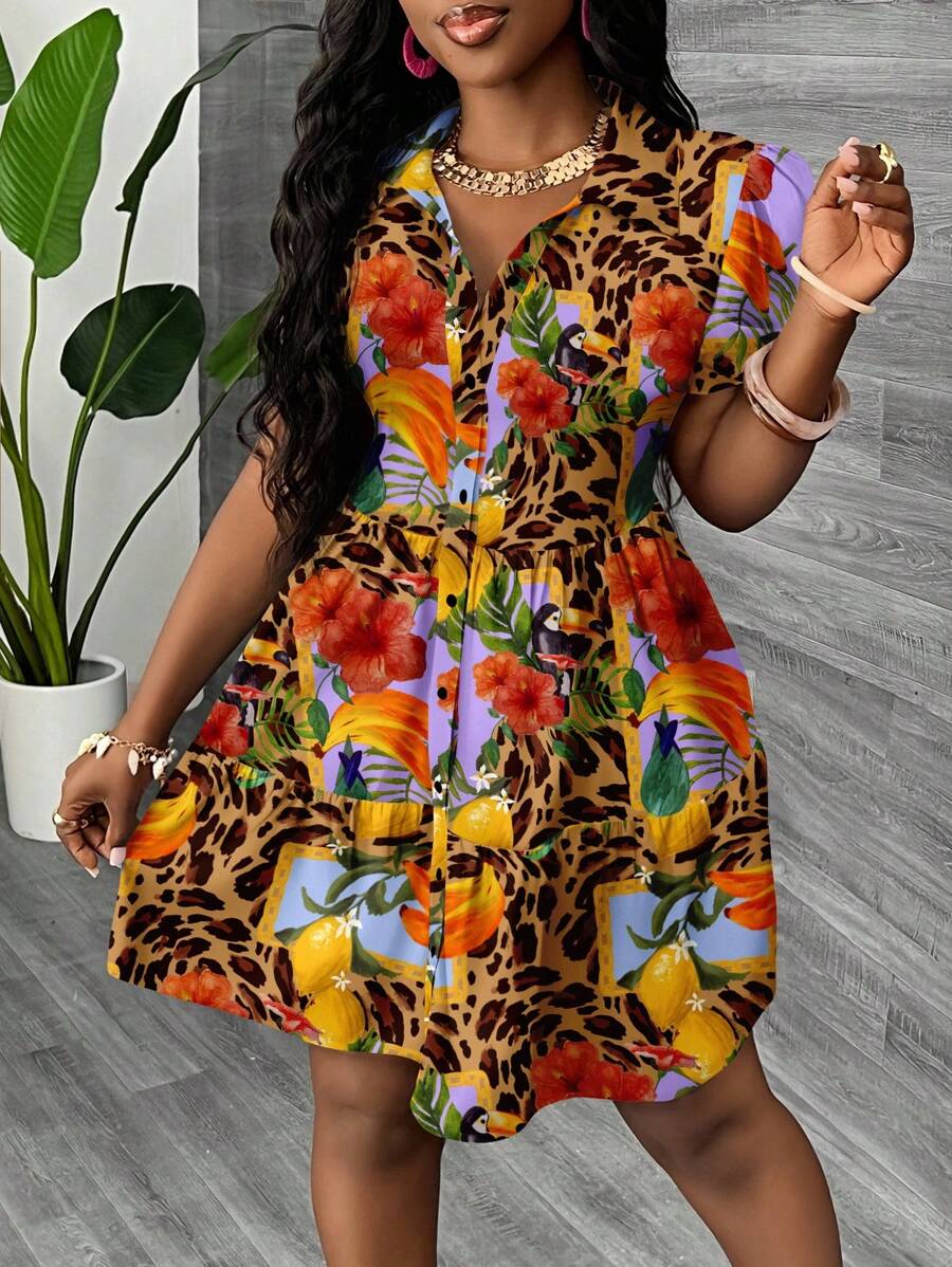 Slaydiva 休闲简约女士迷你连衣裙适合夏季，多层蛋糕风格连衣裙，泡泡袖，适合夏季，适合度假，热带印花，豹纹，树叶印花 - 彩色 - 查看 1