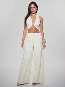 Denimoi Pantalon large décontracté plissé de couleur unie pour femmes