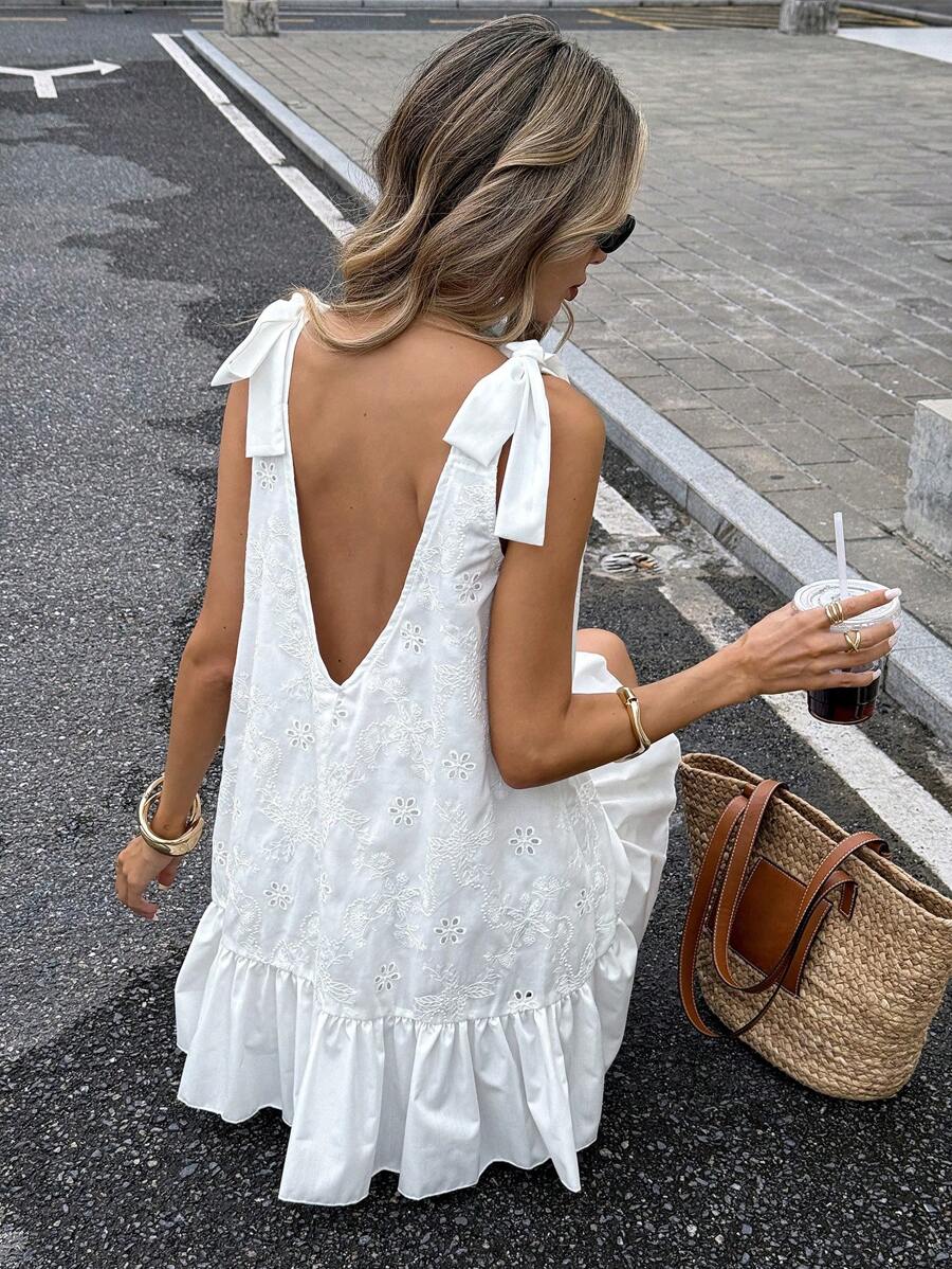 Serisse Women's Vacation Shoulder Bowknot Sleeveless Elegant Romantic Patchwork Ruffle Hem Floral Embroidery Fabric Back Deep V Loose A Fit Short Dresses Summer Outfits For Women Summer Dresses For Women Spring Outfits For Women Vacation Outfits Woman Vacation Outfits Women Wedding Guest Dress Women Summer Clothes Dresses For Women Elegant Birthday Dresses For Women Vacation Dress Fairycore Ruffle Dress European Summer,Backless Dress New Year Party White Beach Holiday Resort