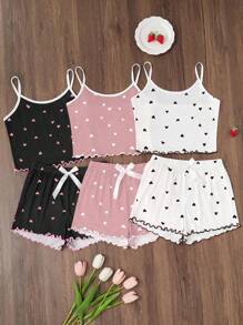 Dream Adore Conjunto de pijama de 3 piezas con estampado de corazones, incluyendo camiseta y pantalones cortos