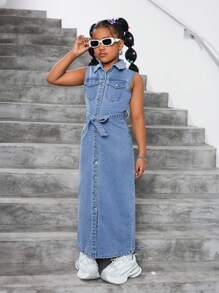 SHEIN 青少年女孩夏季休闲经典翻领无袖蓝色牛仔衬衫裙，女孩春夏装春假装