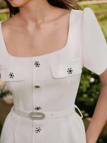 Savoree Beige Elegant Romantic Elegant Rhinestone Button Woven Tweed A-Line Short Dress, Suitable For Wedding Guest, Fairy Dress