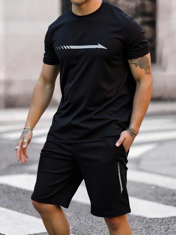 RueChic Ensemble t-shirt et short régulier pour hommes avec taille élastique imprimée et cordon de serrage