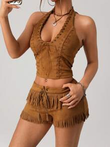 SHEIN ICON Women's Solid Color Waisted Eyelet Lace-Up Fringe Hem Low Waist Shorts - Rust Brown - View 5