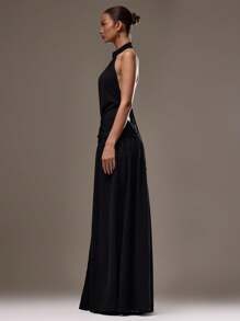 Musera Resort 露背吊带露肩前开衩宽松长裙，抽象印花，裙摆开衩，春夏度假性感波西米亚风伊比沙岛音乐节海滩泳装罩衫，约会之夜优雅假日长裙 - 黑色 - 查看 5