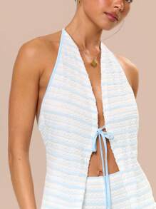 Musera Resort Trägertop mit Bindedetail, lange Strickweste im Häkelstil, ärmelloser Co-Ord Top, nur Oberteil, Sommer Urlaub Feiertag Festival, süß, sexy, Rave, Strand, Ibiza, Toskana Sonne, Frühling - Verschiedenfarbig - Übersicht 2