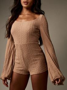 MISSGUIDED 喇叭袖连体裤 波西米亚风 夏季节日 弹力蕾丝连身裤 露背设计 喇叭荷叶边袖口 方领 晚宴派对 休闲服 - 卡其色 - 查看 6