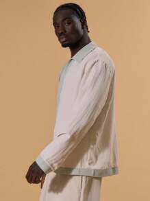 Musero Linen Contrast V-Neck Buttonless Shirt Long Sleeve Spring Summer Holiday Vacation Beachy Poolside - Multicolor - View 2