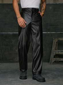 AXEPEAK Men Slant Pocket PU Leather Trousers - Black - View 4