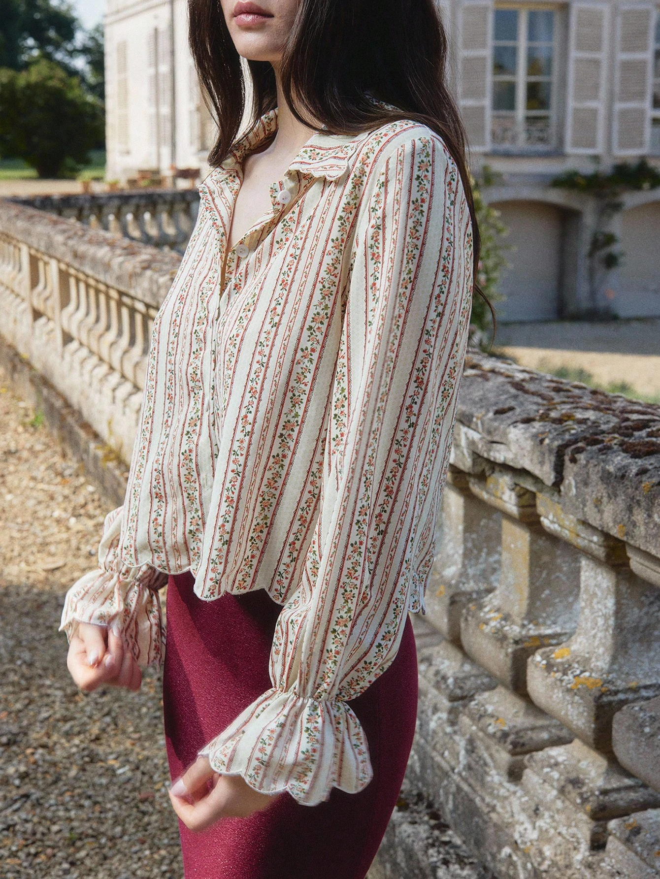 Striped Floral Crop Shirt With Scallop Details And Ruffled Sleeves Spring Shirt French Style Clothes Fall Women Clothes Spring Summer Shirt