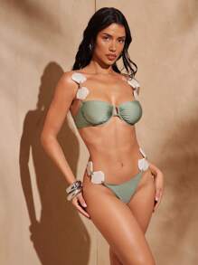 Hauture Women's Summer Beach Solid Color Sexy Bikini Top With Stylish Seashell Decor - Olive Green - View 4