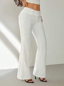 SHEIN PETITE 秋冬休闲通勤纯色低腰喇叭西装裤 - 白色 - 查看 4