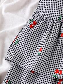SHEIN Vintaside Kids Conjunto de 2 piezas de camisola y pantalones cortos con estampado de cereza a cuadros en negro y blanco para niña, transpirable y cómodo para el verano