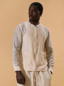 Musero Men Linen Zip Through Long Sleeve Jacket Front Pocket Detailing Spring Summer Holiday Vacation Comfort - Khaki - View 1