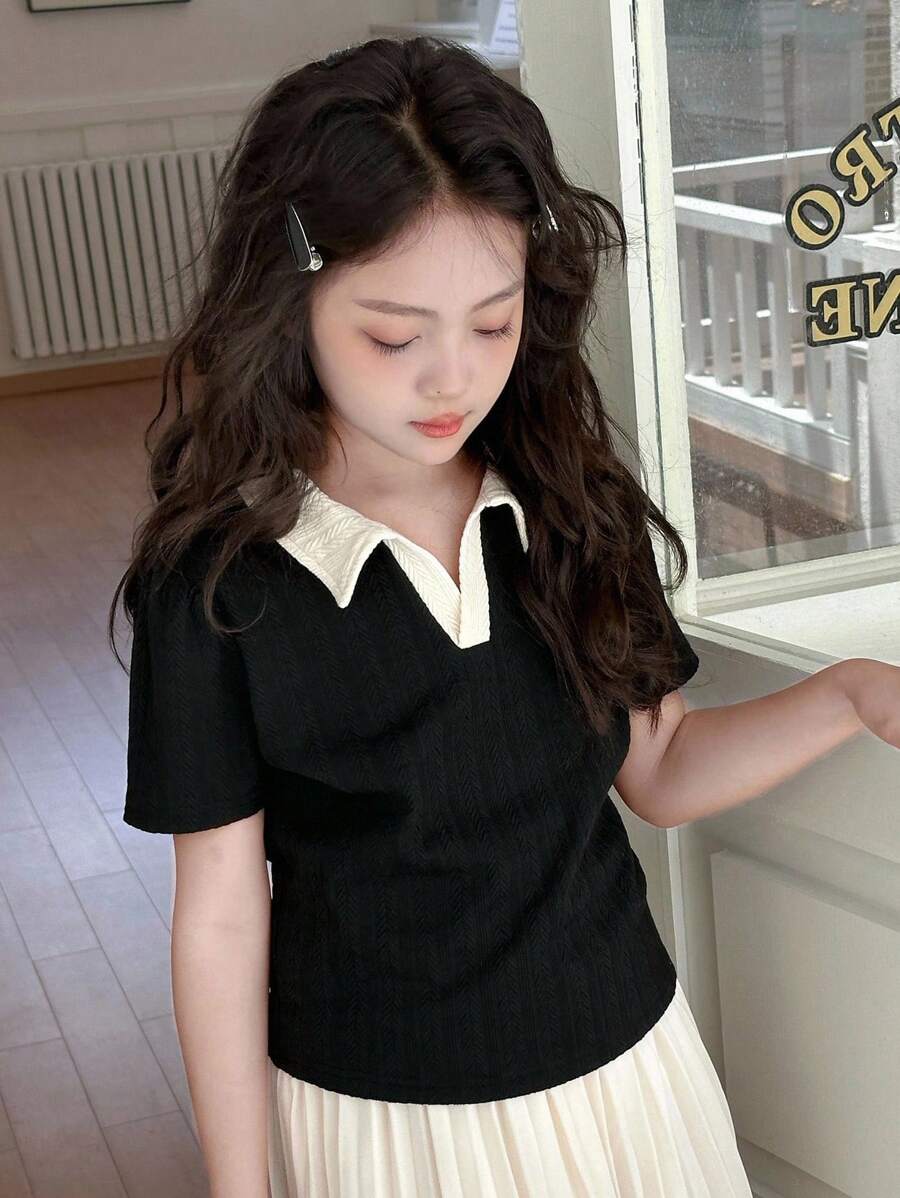 Dazy Kids 少女撞色领短袖休闲百搭T恤，夏季，返校季 - 黑色 - 查看 1