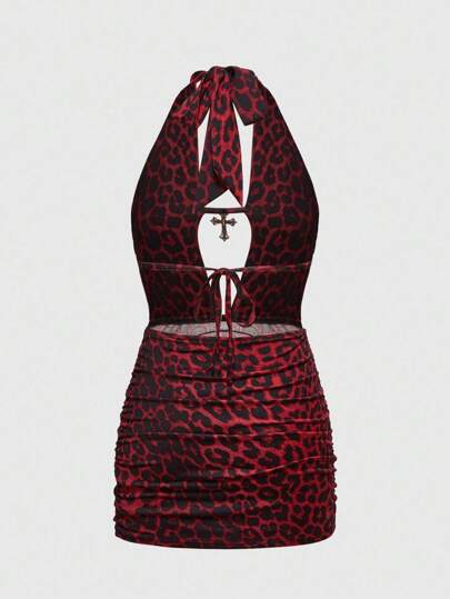 Grunge Punk Sexy Leopard Print Cross Pendant Backless Tied Strap Mini Dress For Women