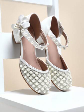 Mini mi Décolleté da donna per bambine con tacco a blocco bianco avorio, dettagli con perle e fiocco - Eleganti tacchi da principessa con cinturino alla caviglia, strass scintillanti e stile damigella d'onore per matrimoni e occasioni speciali
