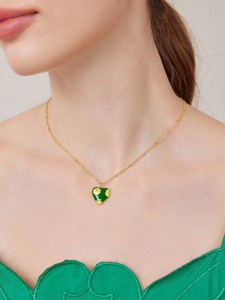 GOLD COLOR OIL DROP HEART & FLOWER DECORATION PENDANT NECKLACE