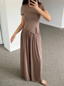 DAZY Damen einfarbiges gestricktes Top mit asymmetrischem Saum und weite Hose Loungewear Set Pyjama