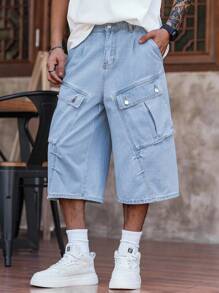 Manfinity Hypemode 男士休闲中长款阔腿牛仔短裤，夏季街头潮流 - 淺色水洗藍 - 查看 1