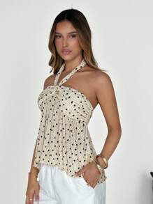 SHEIN EZwear Stockholm Style European Summer Apricot Polka Dot Women's Ruched Halter Neck Blouse Polka Dot Top Halter Top Pleated Top