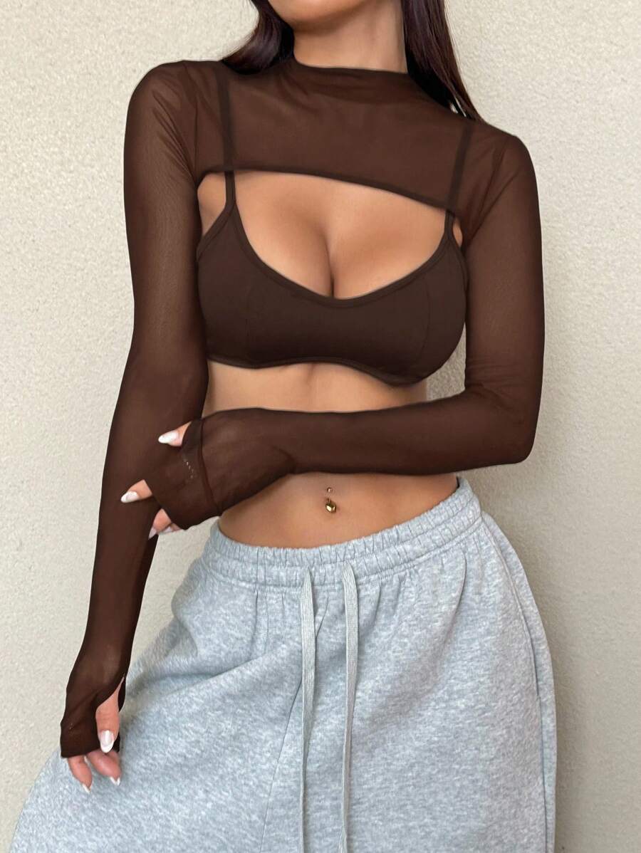 SHEIN EZwear Áo thun cổ cao lưới Sheer màu đen ôm sát - màu nâu - Xem 1
