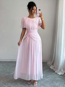Elenzga Vestido largo con mangas paragua, cuello redondo, cintura recogida y cordón para mujer, de estilo francés romántico siciliano, elegante y casual, ideal para ir al trabajo, vacaciones, tarde de té