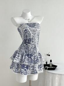 SHEIN Unity 女式复古波西米亚风格简约挂脖休闲节日连衣裙 - 藍白色 - 查看 6