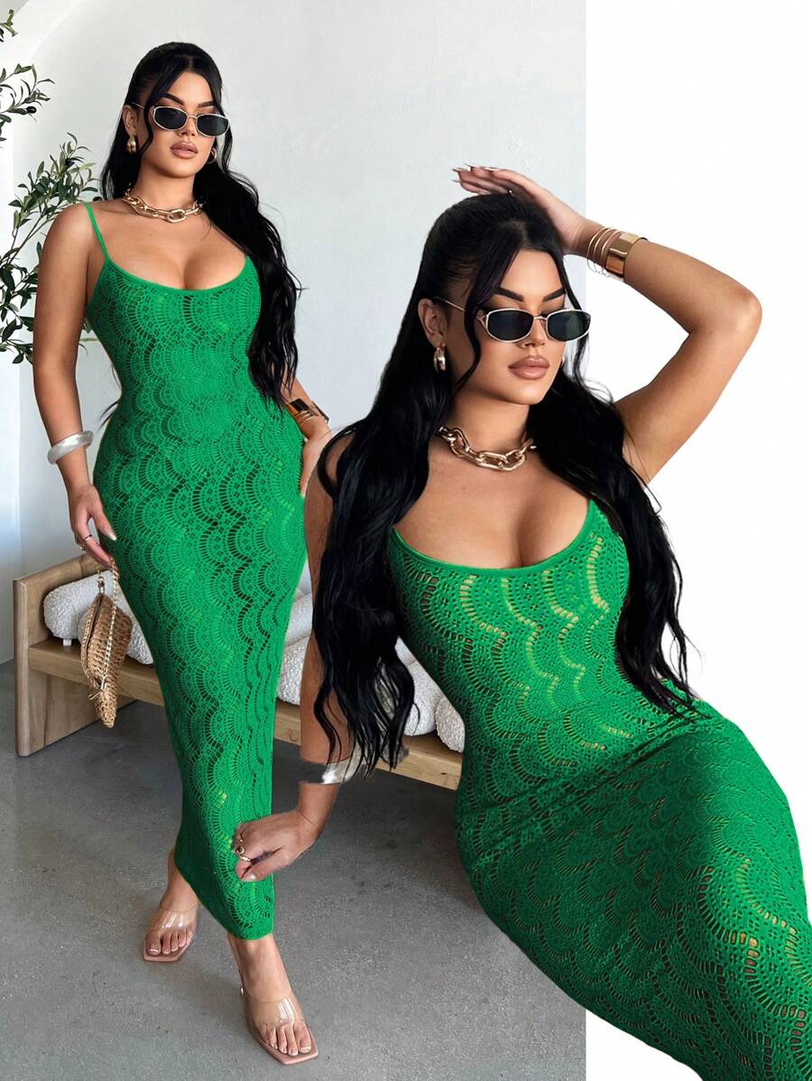 SHEIN SXY Women's Solid Color Hollow Out Knit Fitted Dress - Green - View 1